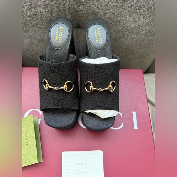 Gucci Black Wedge Sandals with Horsebit  Size 39.5 - Picture 5 of 12